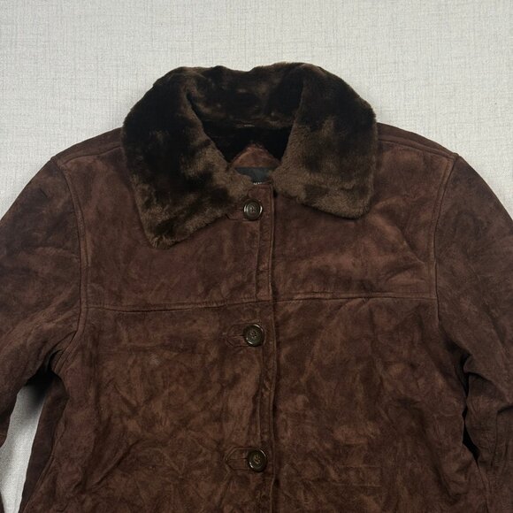 Dennis Basso Leather Coat Faux Fur Trim Button Down Dark Brown - Picture 4 of 13